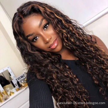 Wholesale Natrual Black Blonde Highlights Wig Mix Color Water Wave Curly Pre Plucked Hairline Lace Frontal Virgin Human Hair Wig